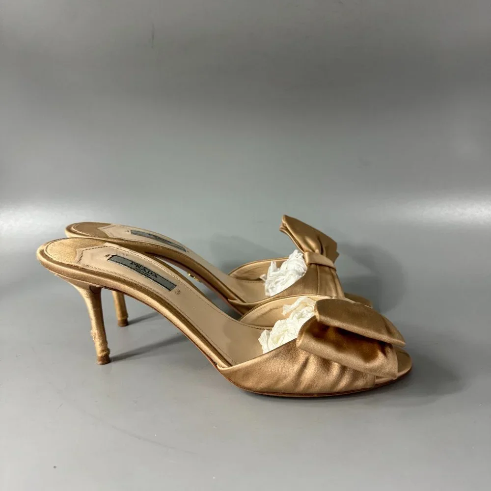 Authentic Prada Gold Silk Evening Mules with Asymmetric Bow, Size 39 1/2 - Picture 2 of 14